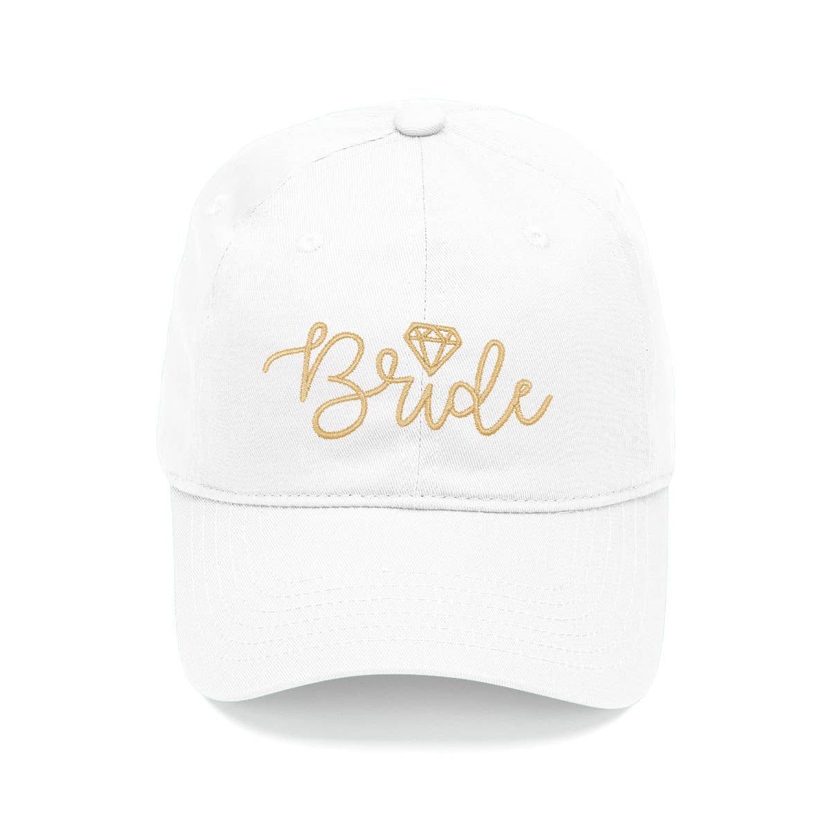 White cap with 'Bride' and a diamond graphic in gold on a white background