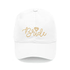 White cap with 'Bride' and a diamond graphic in gold on a white background