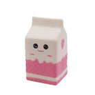 a white milk-carton squishy with a kawaii face, pink-and-white colorblock design, textured accent panel, side heart detail, squeezable sensory feel, and clear individual packaging
