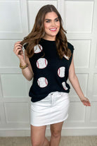 a black sleeveless sweater vest with an oversized fit, an allover textured baseball motif, and ribbed trim at the neckline, arm openings, and hem