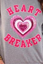  a gray long-sleeve pullover made from luxe material with chenille 'HEART BREAKER' lettering, a layered sequin heart detail, relaxed drop-shoulder fit, and ribbed neckline, cuffs, and hem for an effortlessly elevated look