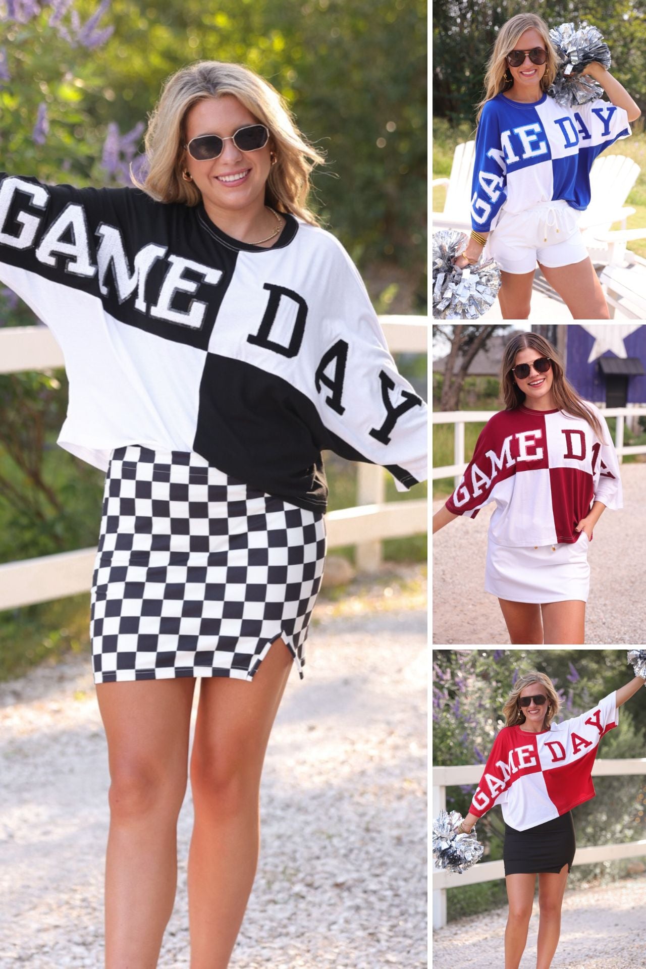 short-sleeve color block mom crop top with oversized chenille 'GAME DAY' lettering outlined in sequins, where GAME pops with a coordinating color outline to match the color block style, while DAY stands out with a crisp white outline in black, blue, maroon, and red
