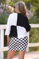 short-sleeve color block mom crop top with oversized chenille 'GAME DAY' lettering outlined in sequins, where GAME pops with a coordinating color outline to match the color block style, while DAY stands out with a crisp white outline in black