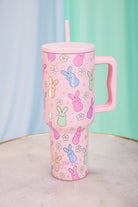 a 40-ounce tumbler with a charming bunny print design, handle, screw-on lid, and a reusable straw