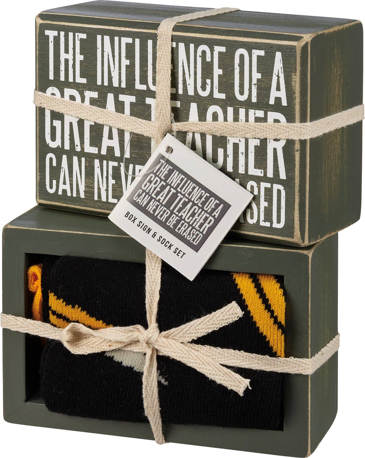Boxed set of socks with a decorative tag and text on a white background