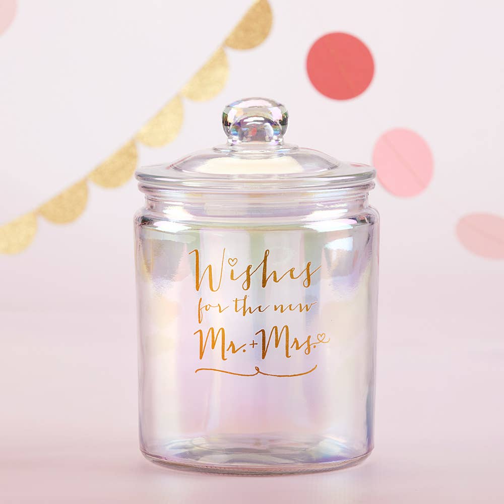 Glass jar with 'Wishes for the new Mr & Mrs' text on a polka dot background