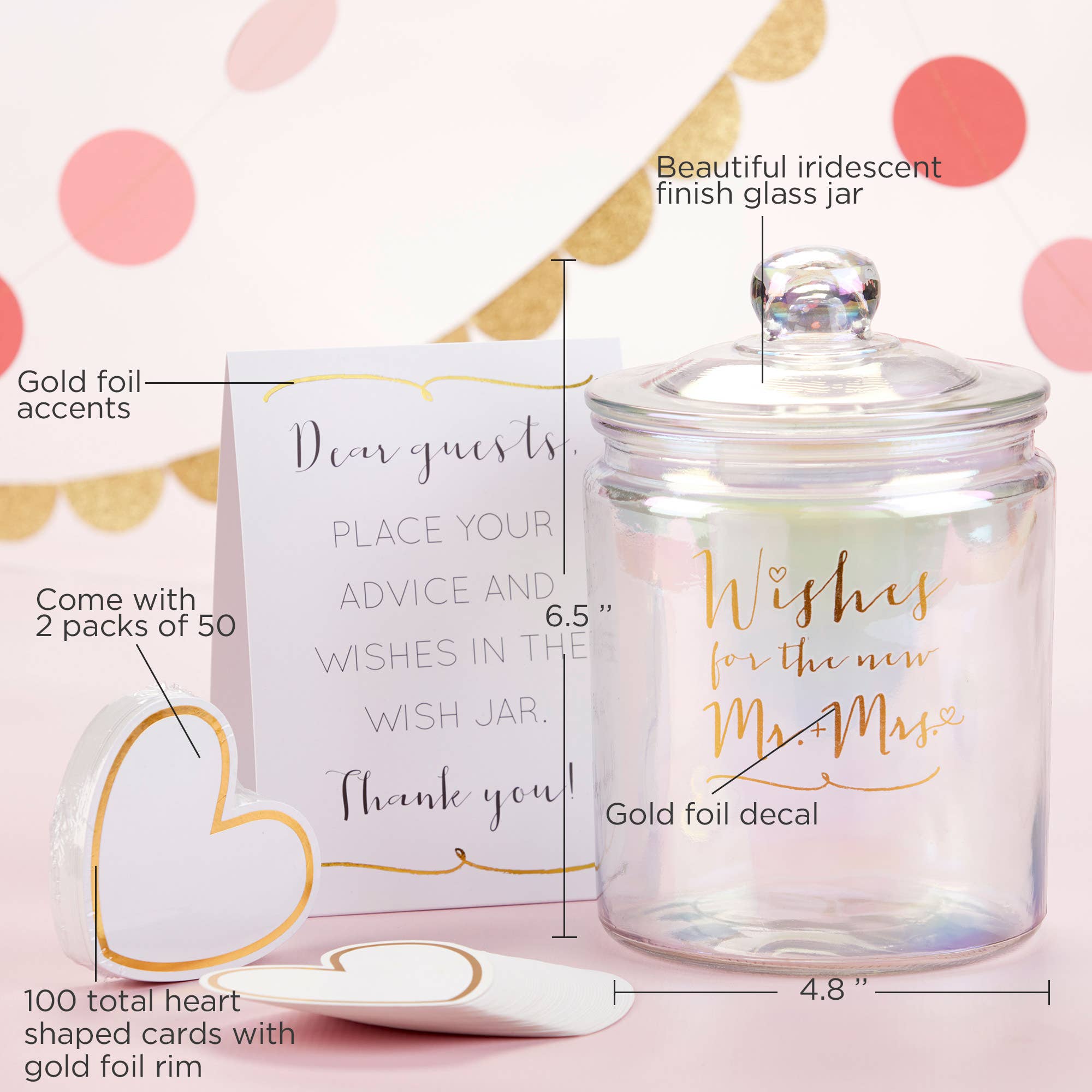 Iridescent glass wish jar with gold foil accents and a card for guests to write wishes.
