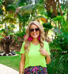 lime basic short sleeve tee with rounded hemline and v-neck