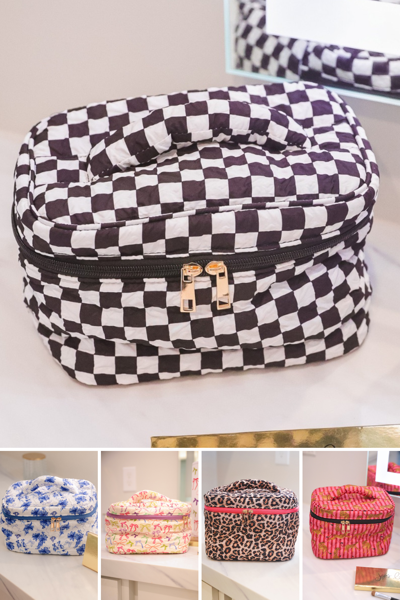 a structured bag with a spacious interior, a secure double zip around closure, a top handle, and gold accents on a quilted body in blue blossom (white/blue), checkerboard checkered (black/white), daylight bow (multi), safari chic (leopard), and savannah soirée (pink/raspberry)