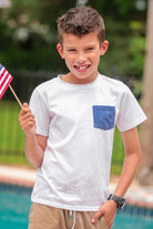 white short sleeve tee with blue star pattern print on pocket and round neckline