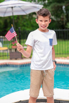 white short sleeve tee with blue star pattern print on pocket and round neckline