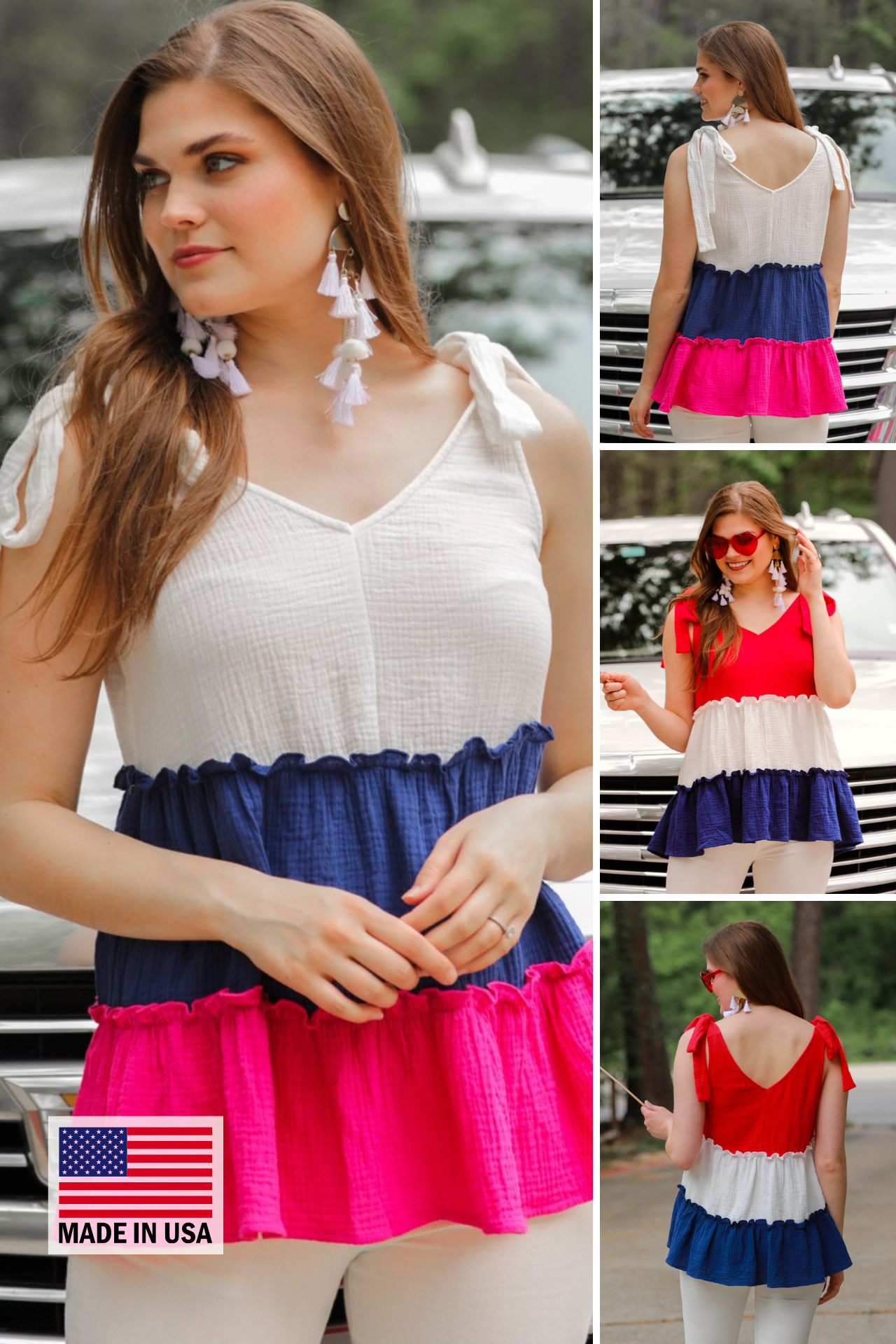 a tiered color block top with a V-neckline front and back, adjustable wide tie straps, a ruffled hem, and a relaxed, lightweight fit in pink and red, accented with a MADE IN USA watermark in the bottom left-hand corner