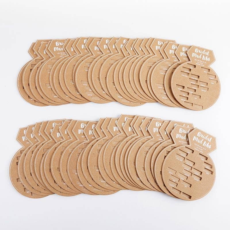 Set of brown paper place cards with text on a white background