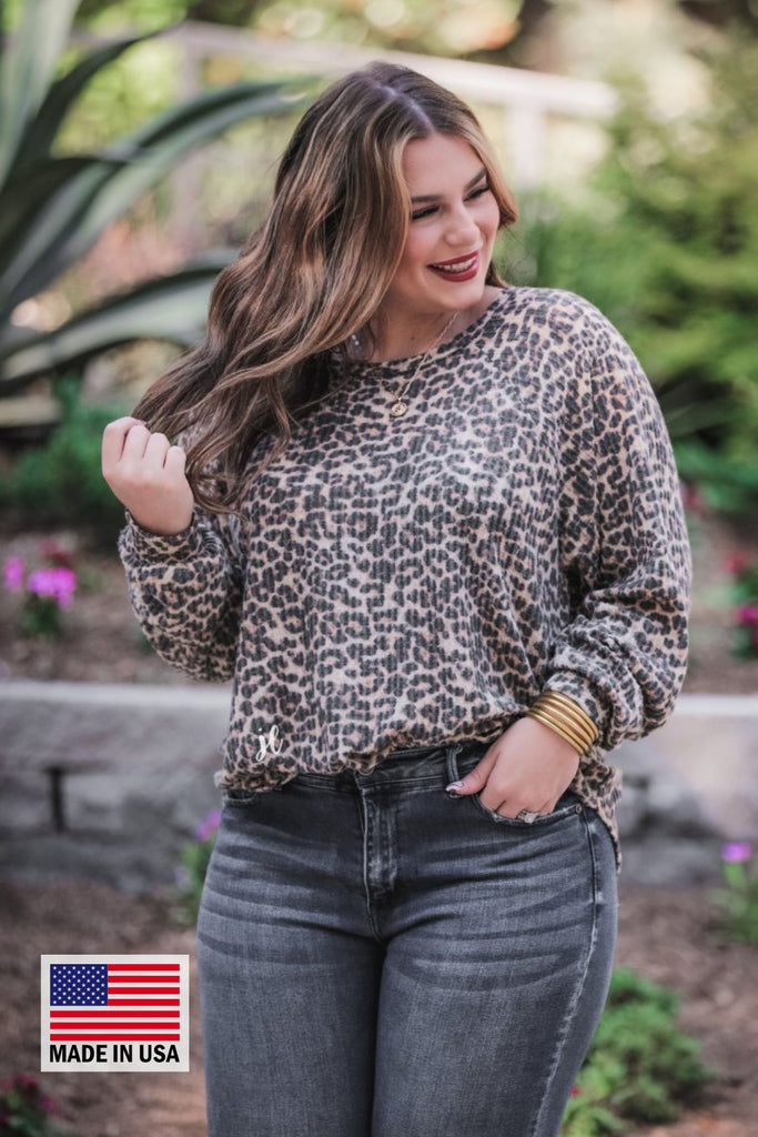 long sleeve leopard waffle top with made in USA symbol