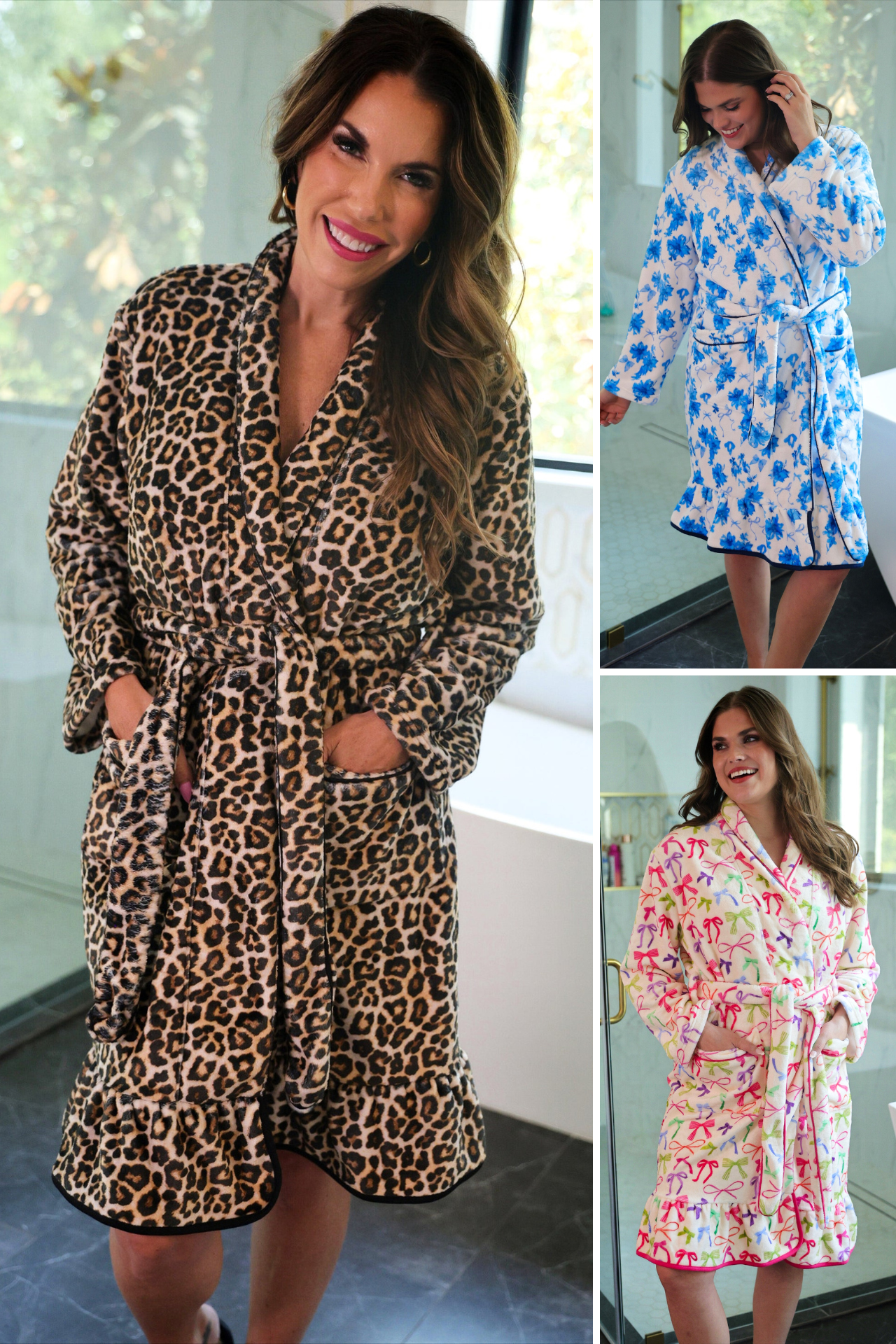 a long sleeve robe with a flattering wrap silhouette, an adjustable waist tie, a playful ruffle hem, and deep patch pockets on ultra plush fabric in Blue Blossom (Blue), Daylight Bow (Multi), and Safari Chic (Leopard)