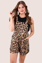 black and brown leopard pattern print overall shorts made from our best-selling everyday fabric with functional button straps, cuffed hems, and side pockets