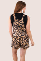black and brown leopard pattern print overall shorts made from our best-selling everyday fabric with functional button straps, cuffed hems, and side pockets
