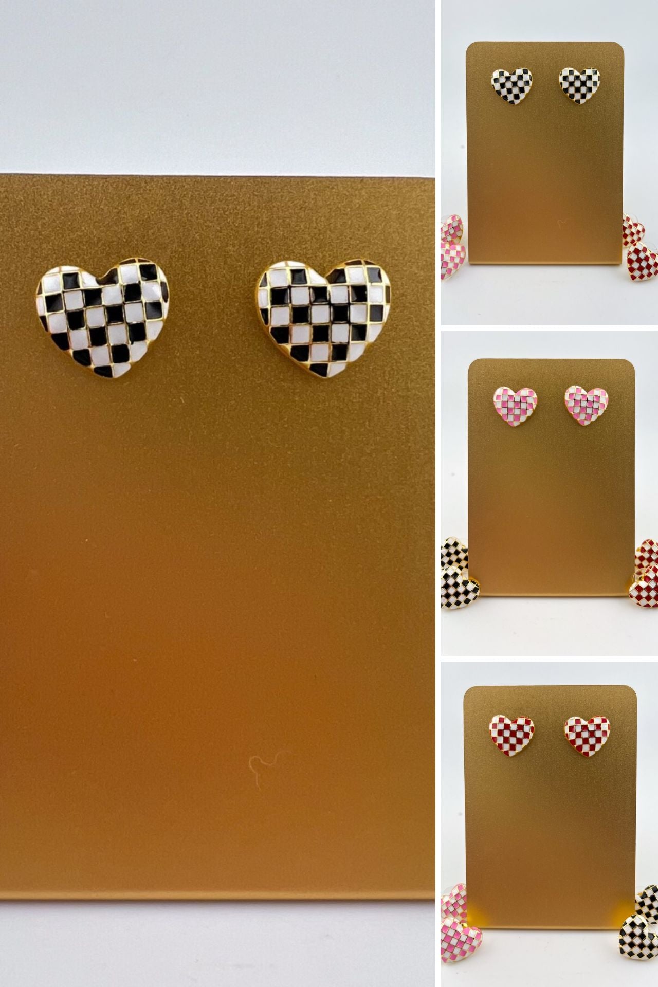 black, pink, and red colored heart-shaped stud earrings with a comfort earring back in gold