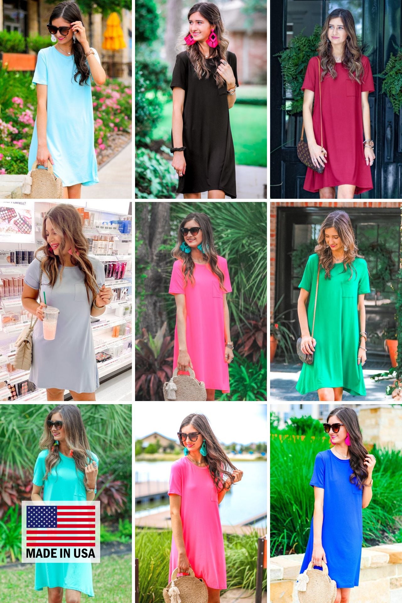 short sleeves made of super soft fabric with a round neckline, A-line style with a straight hemline, and a front chest pocket in aqua, black, burgundy, chambray, hot pink, kelly green, mint, neon pink, and royal blue with MADE IN USA watermark