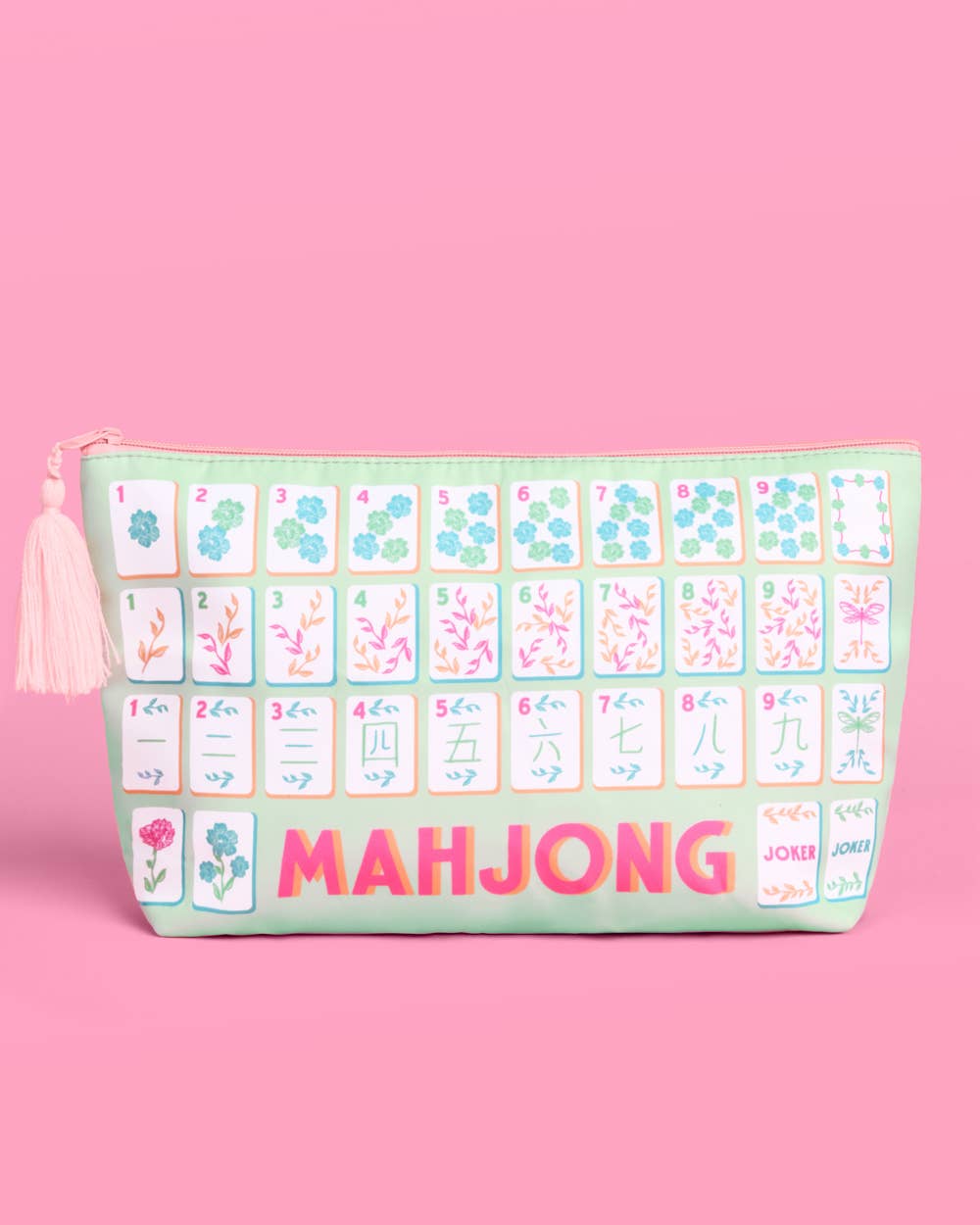a soft nylon mahjong zipper bag with a pastel tile print, pink tassel pull, smooth top closure, and interior zipper pocket