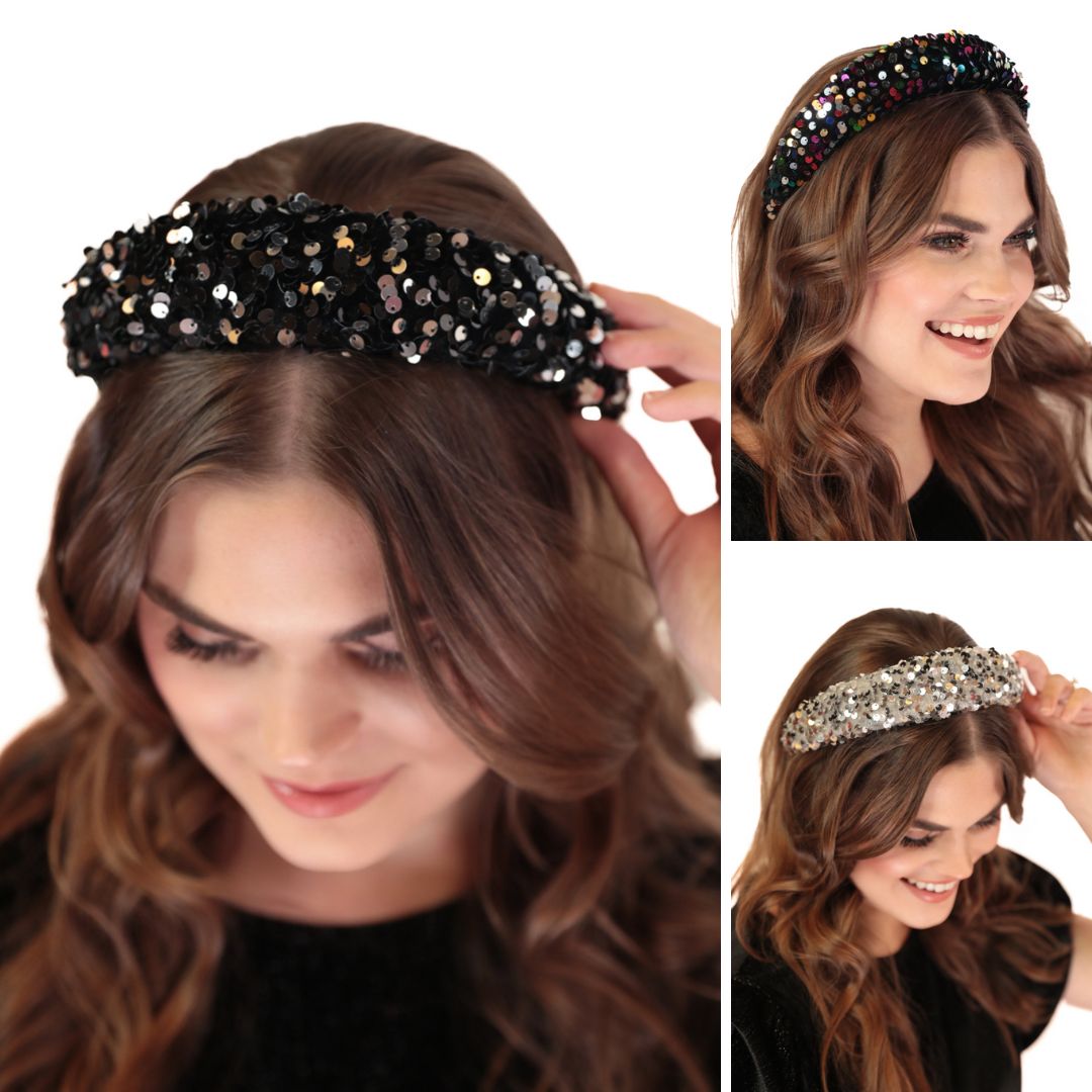 velvet sequins headband in black, multi, and silver