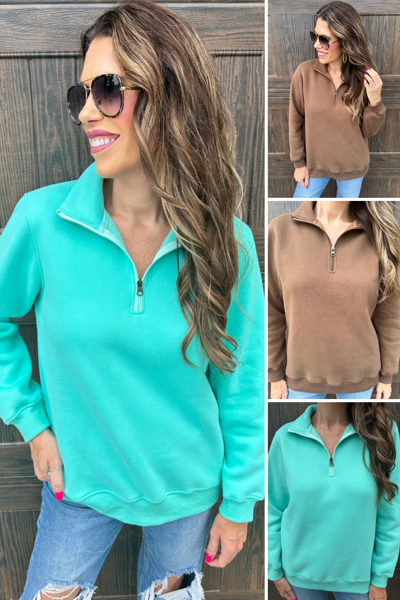 a long-sleeve pullover made of cozy fabric with a quarter zip, cuffs, and a split waistband hem in brown and turquoise