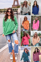 long sleeve pullover crafted from vintage wash fabric with a foldable collar, side slits, and a quarter zip in green, grey, navy, orange, pink, red, tan, teal, and wine