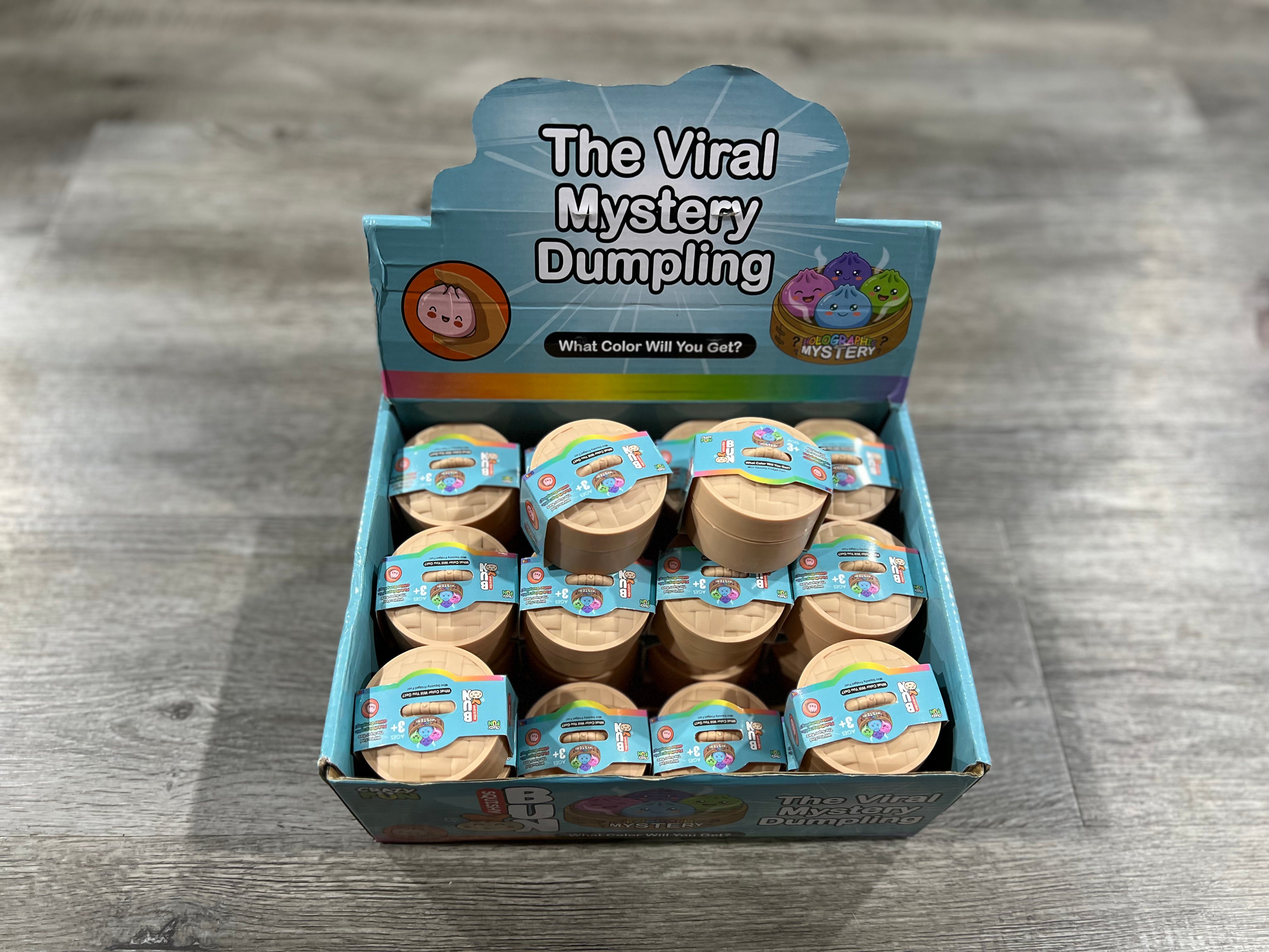 A retail display box labeled 'The Viral Mystery Dumpling' filled with multiple small round dumpling packages, photographed on a gray wood floor.