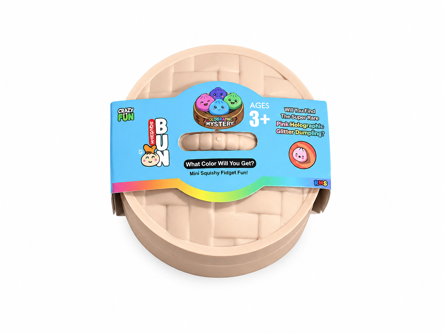 a mystery bead-filled mini dumpling squishy with assorted colors, iridescent shimmer, kawaii face, steamer-style container, and soft sensory texture on a solid white background