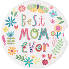 Round coaster with colorful floral design and 'Best Mom Ever' text on a white background