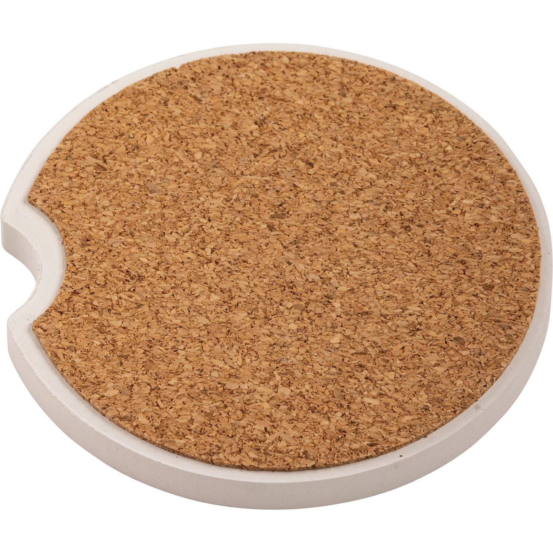 Round cork coaster with a white rim on a white background