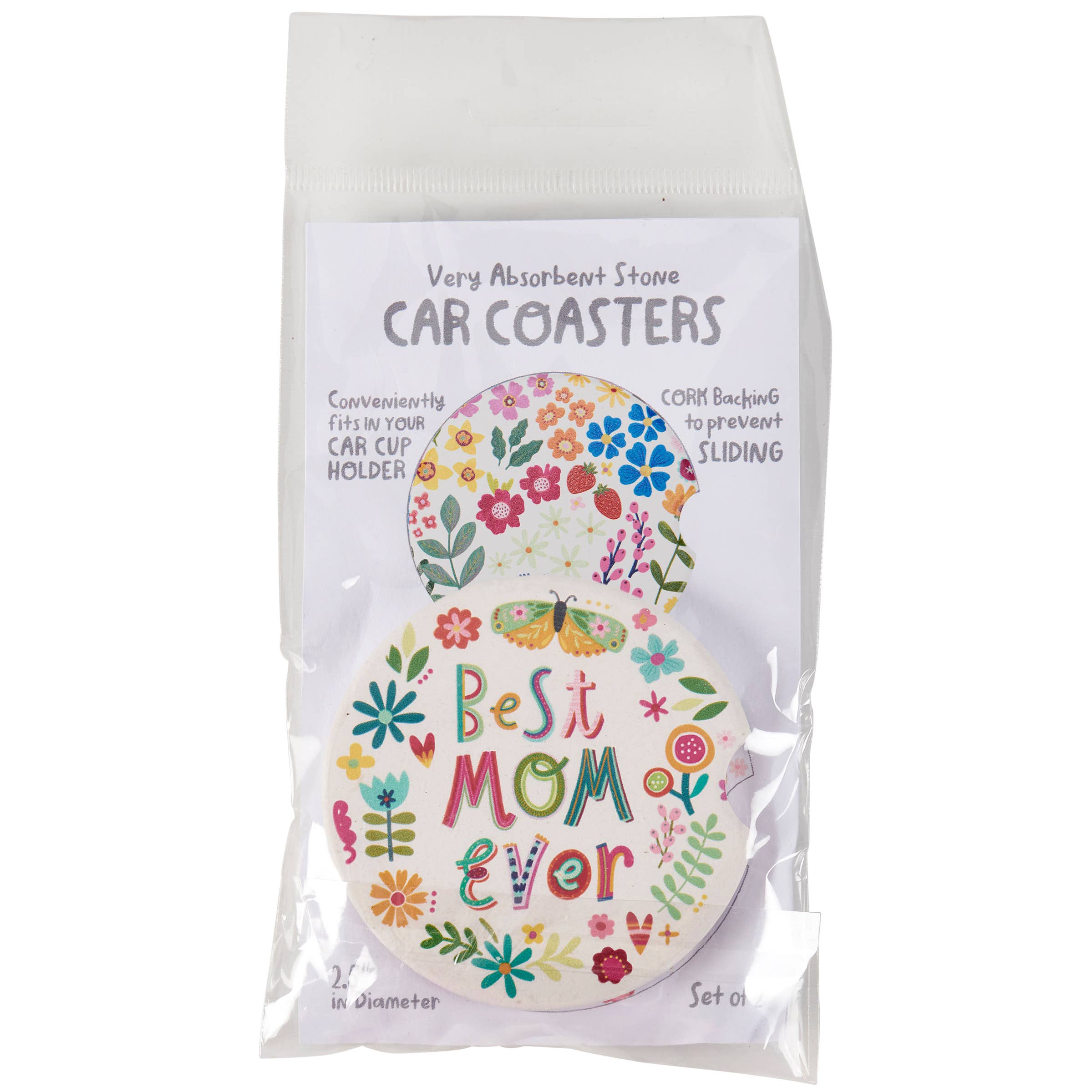 Pack of car coasters with floral design and 'Best Mom Ever' text on a white background