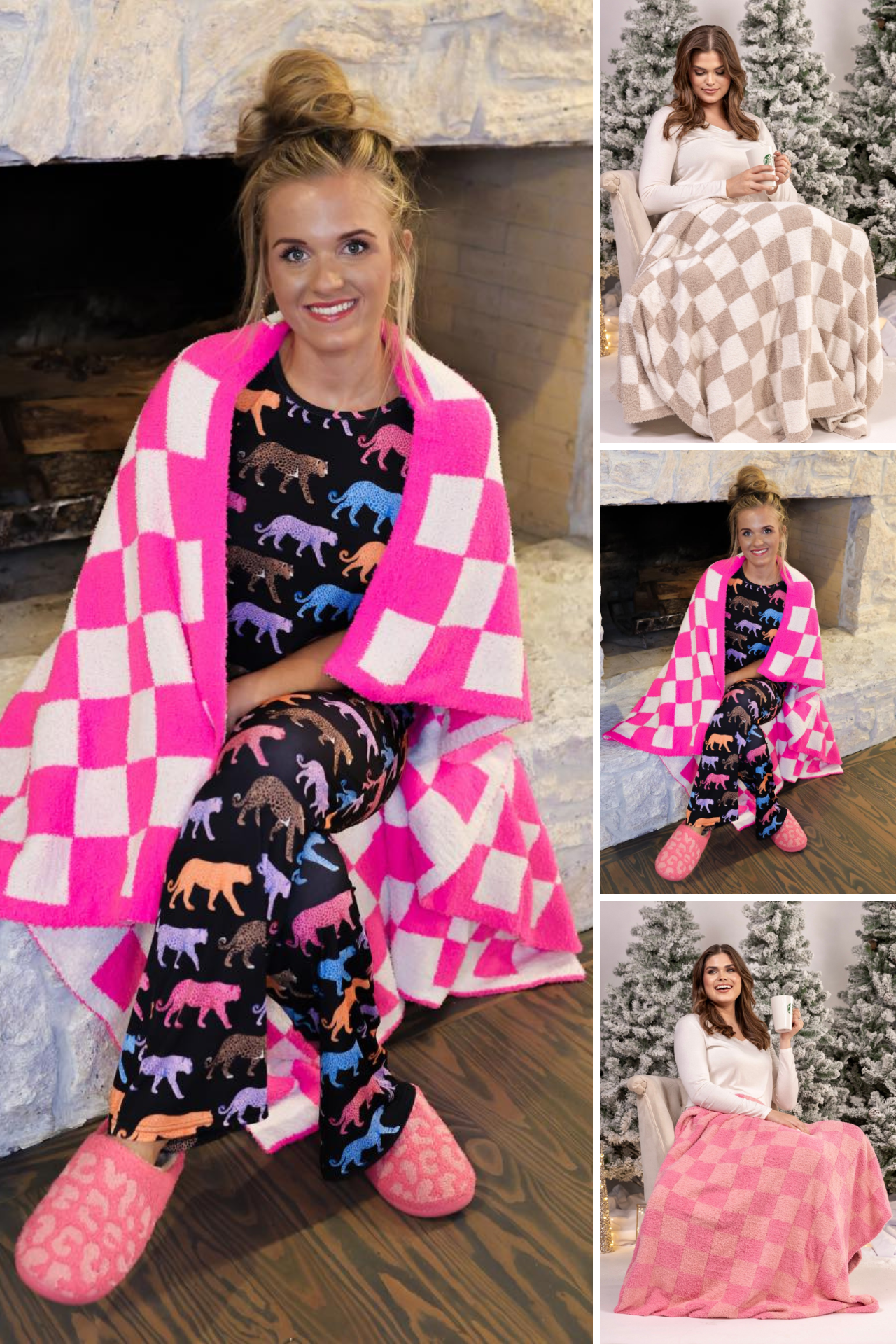 a trendy checkered pattern print blanket crafted from ultra-soft, plush material and cozy fuzzy texture in neutral, neon pink, and pink