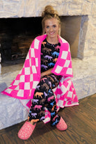 trendy checkered pattern print blanket crafted from ultra-soft material in neon pink