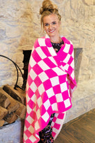 trendy checkered pattern print blanket crafted from ultra-soft material in neon pink