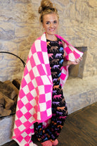 trendy checkered pattern print blanket crafted from ultra-soft material in neon pink