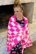 trendy checkered pattern print blanket crafted from ultra-soft material in neon pink