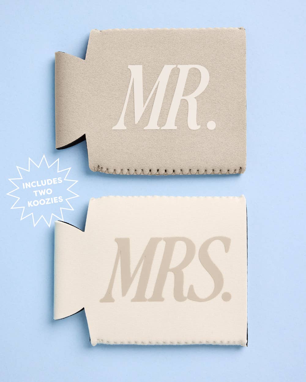 Two beige can coolers with 'MR.' and 'MRS.' text on a light blue background.