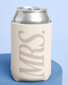 Can cooler with 'Mrs.' text on a blue background