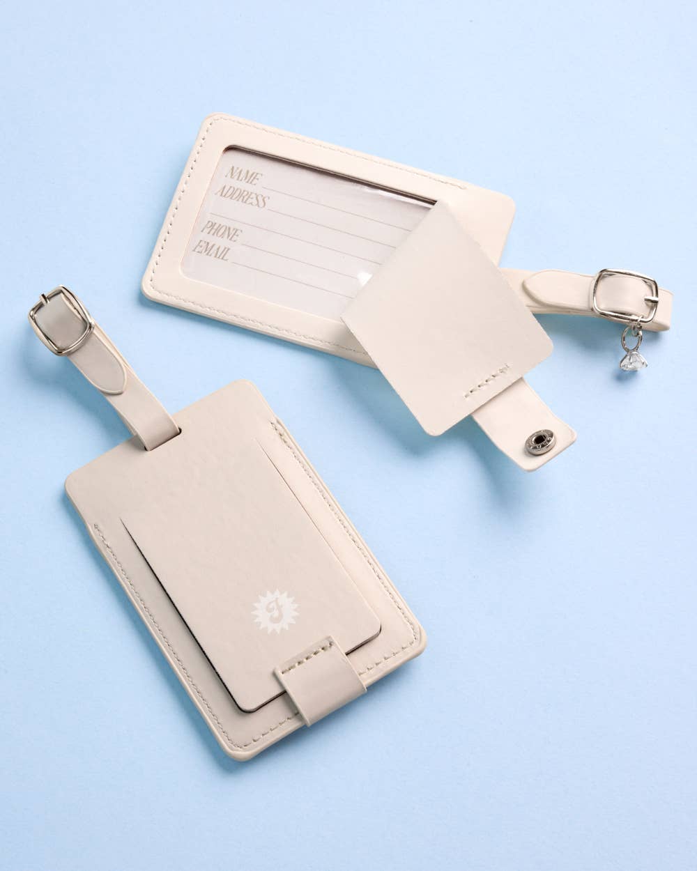 Two beige luggage tags on a light blue background