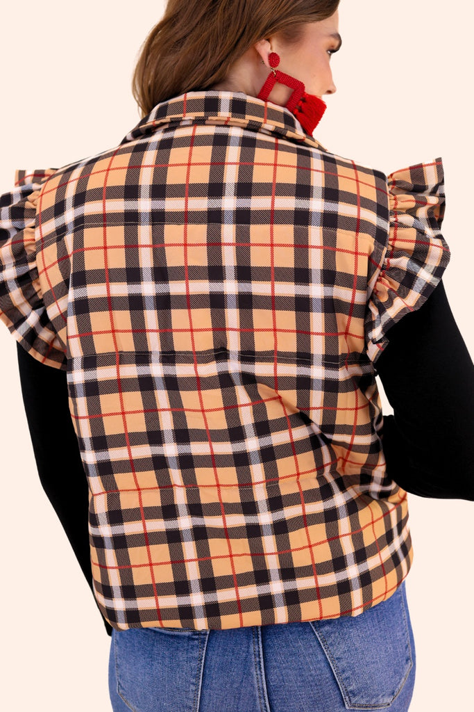 puffer vest with a collared neckline, short flutter sleeves, a button-up front, and hidden pockets on a fully lined quilted fabric in a black, red, taupe, and white plaid pattern