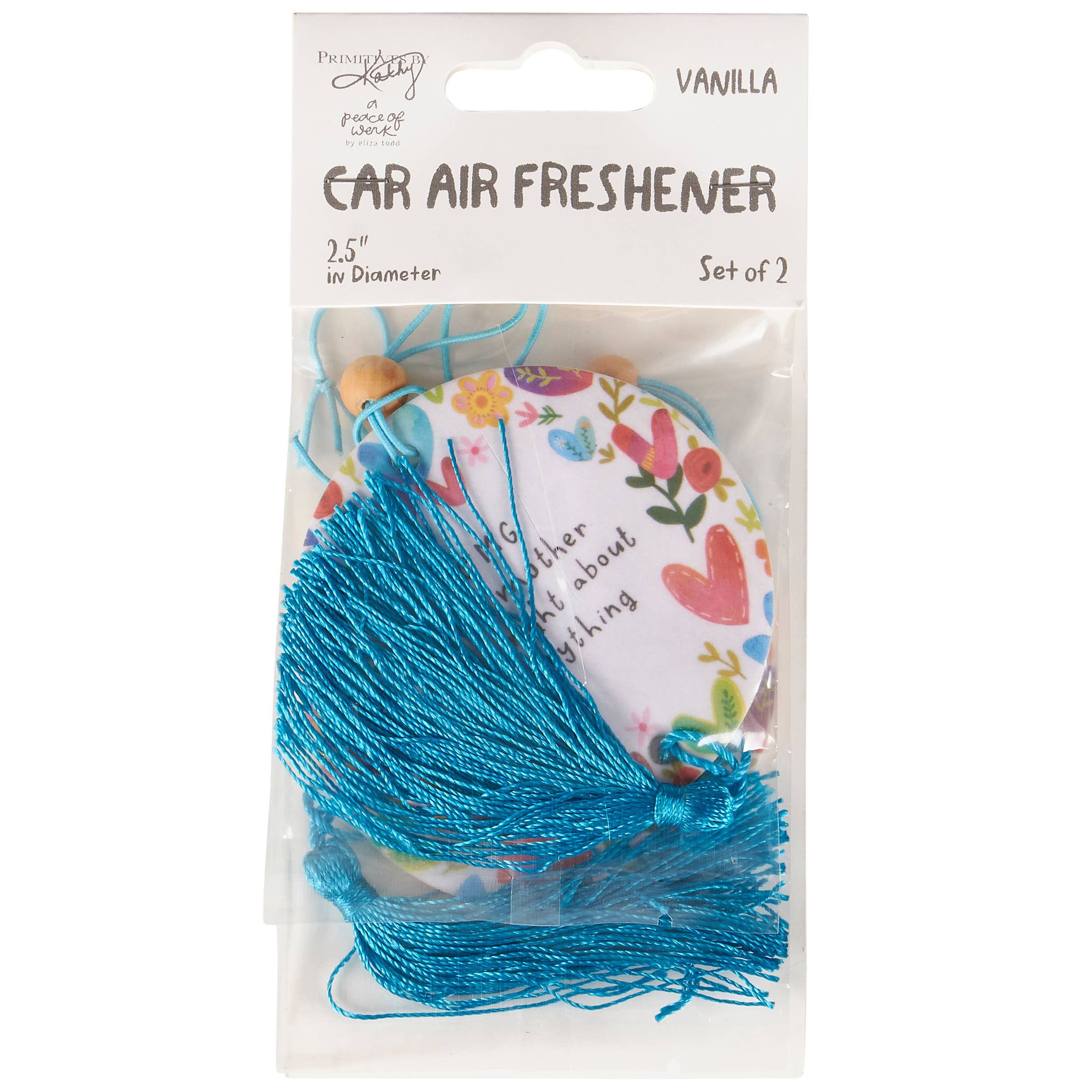 Car air freshener with floral design and blue tassel in packaging