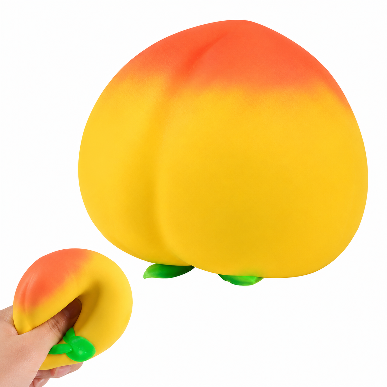 a yellow-orange ombré peach-shaped squishy toy with a soft touch texture, rounded fruit design, center groove, green leaf accent, and clear individual packaging