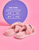Pink slippers on a pink background with a size guide overlay.