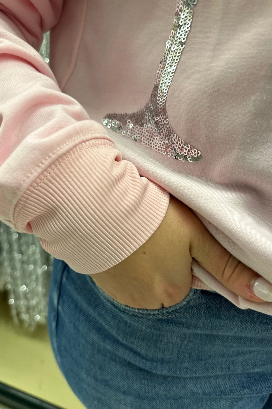 pink long sleeve top with shimmering silver rhinestones, sequins, & pearls champagne toasting glasses