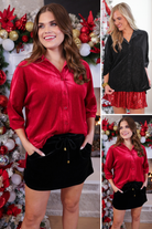 a plush velvet button-up top with subtle metallic threading, a relaxed flattering fit, three-quarter sleeves, and a soft drape for easy elegance in black and red