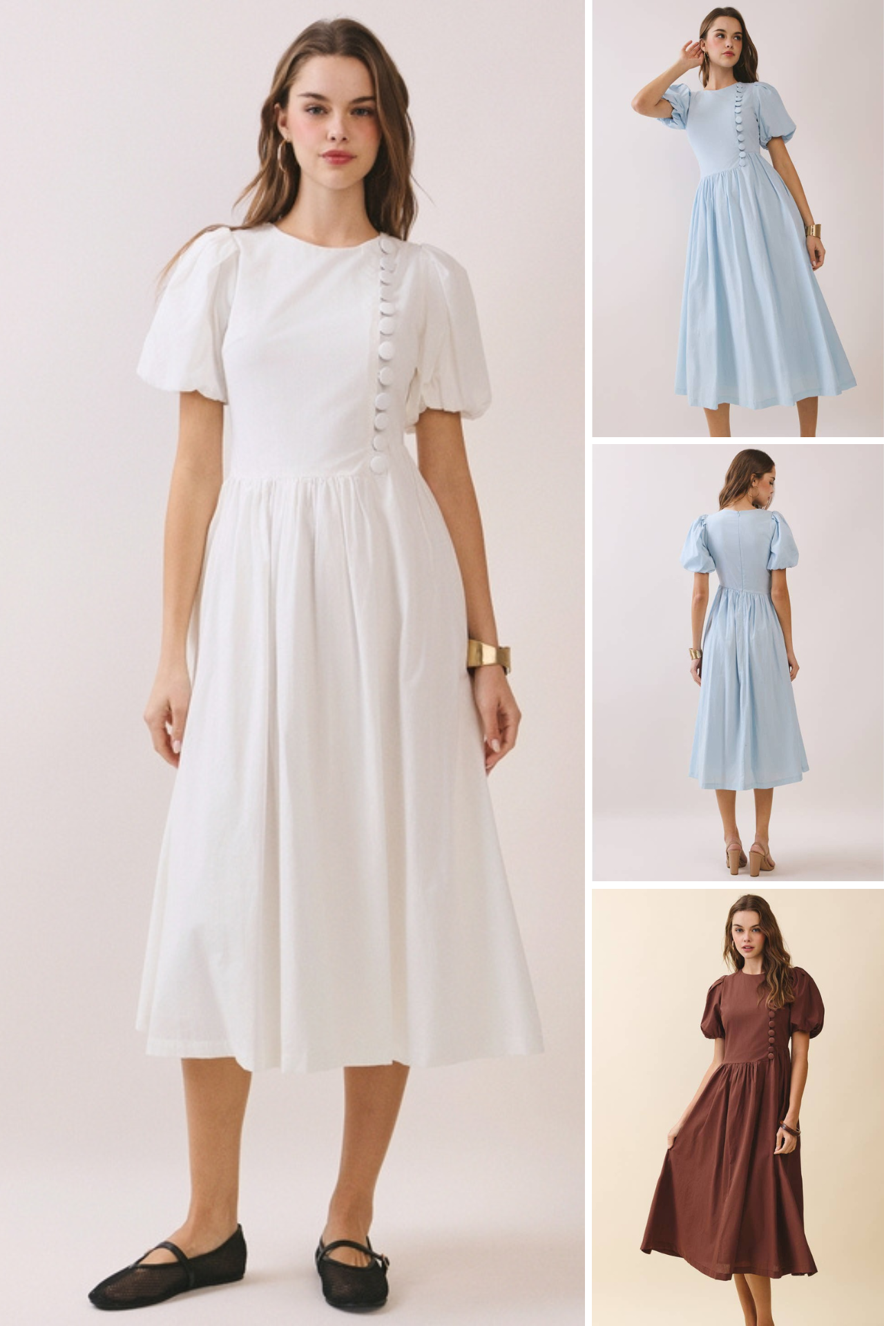 a puff sleeve midi dress with a rounded neckline, fitted bodice accented with fabric-covered faux buttons, gathered waist, full A-line skirt, side pockets, and a concealed back zipper in baby blue, brown, and white