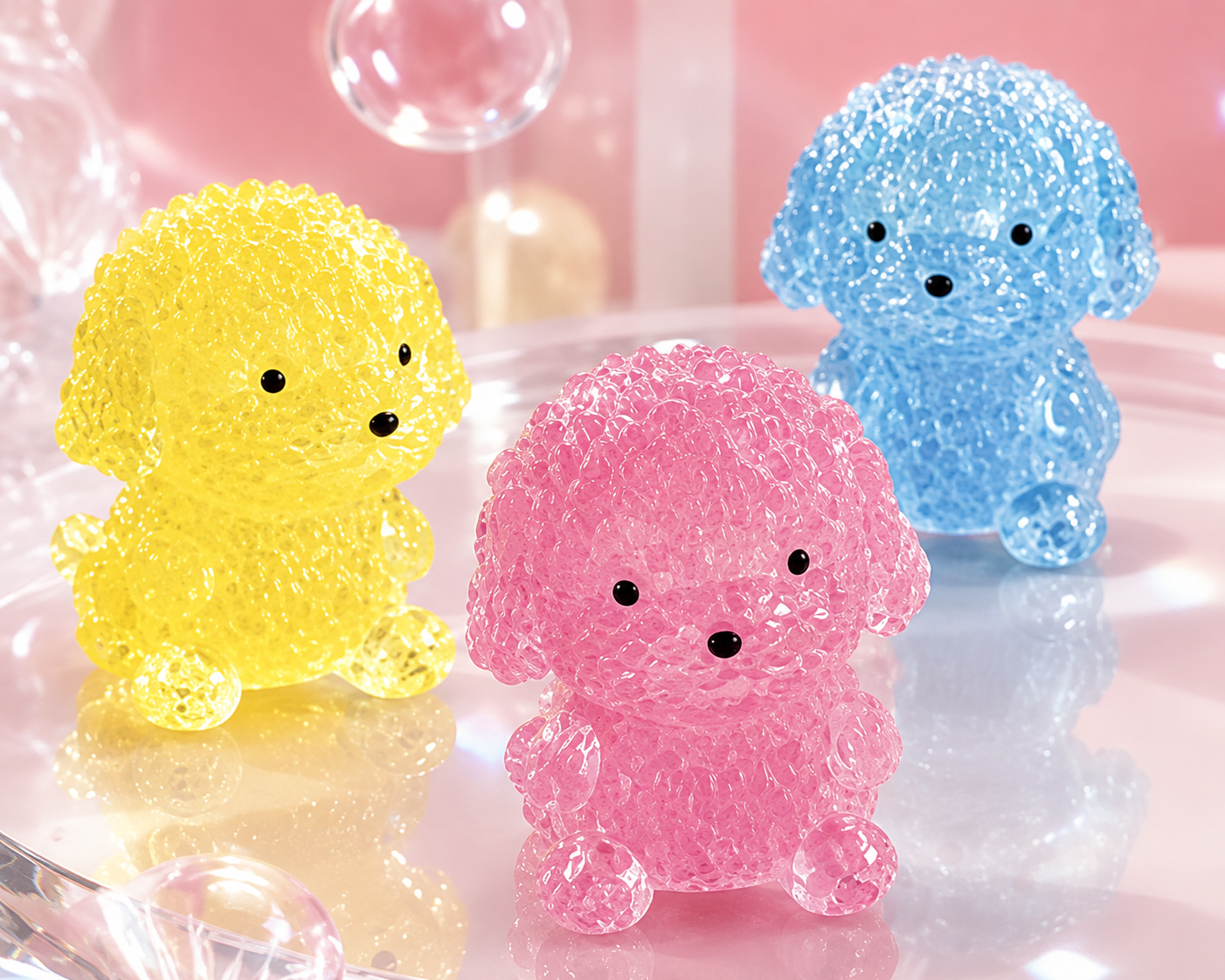 a gel-filled puppy-shaped squishy with a translucent crystal-like texture, assorted colors, tiny face details, and a soft handheld design in blue, pink, and yellow