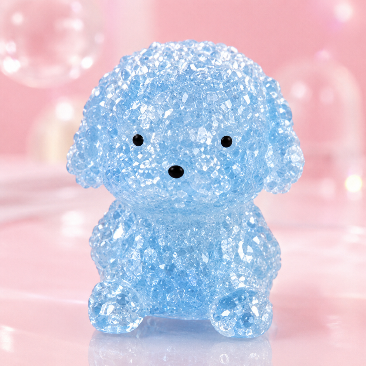 a blue gel-filled puppy-shaped squishy with a translucent crystal-like texture, assorted colors, tiny face details, and a soft handheld design