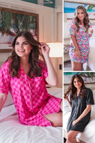 short sleeve sleep shirt with a collar, a button-down front, and a chest pocket on our best selling fabrics, including Checked Out, Fiesta Time, and Own the Moment